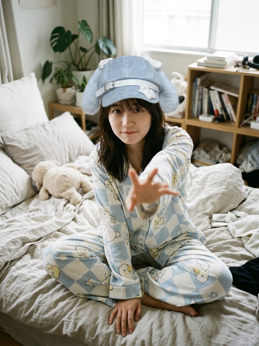 Pastel duckbill cap and loungewear relaxation